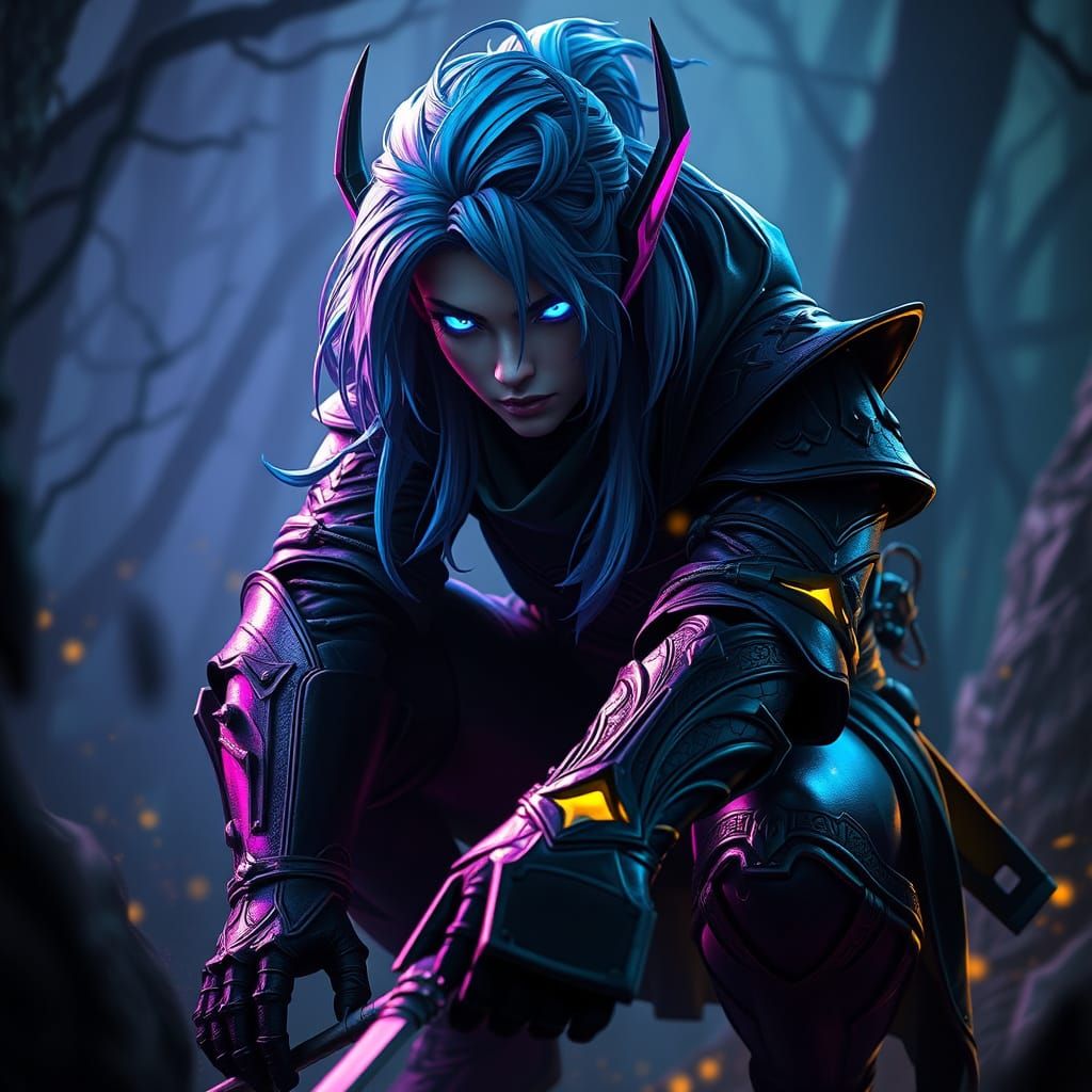 Dark Elf Assassin in Neon Blue Hair, Ready to Strike