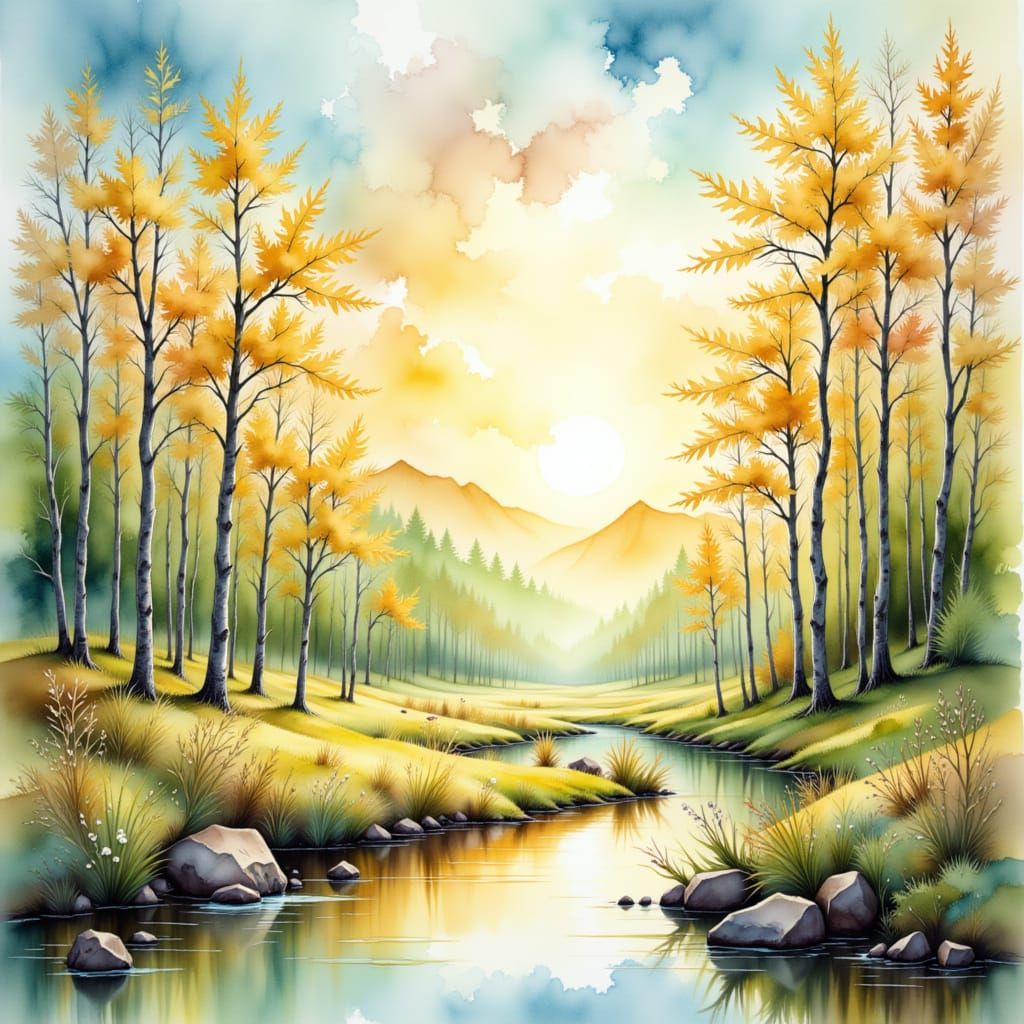Tranquil Forest Landscape in Watercolor Style