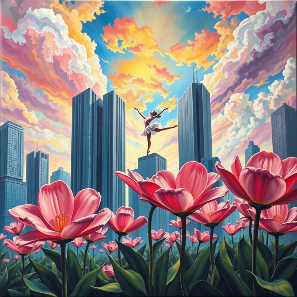 Surreal Ballet in Floral Cityscape