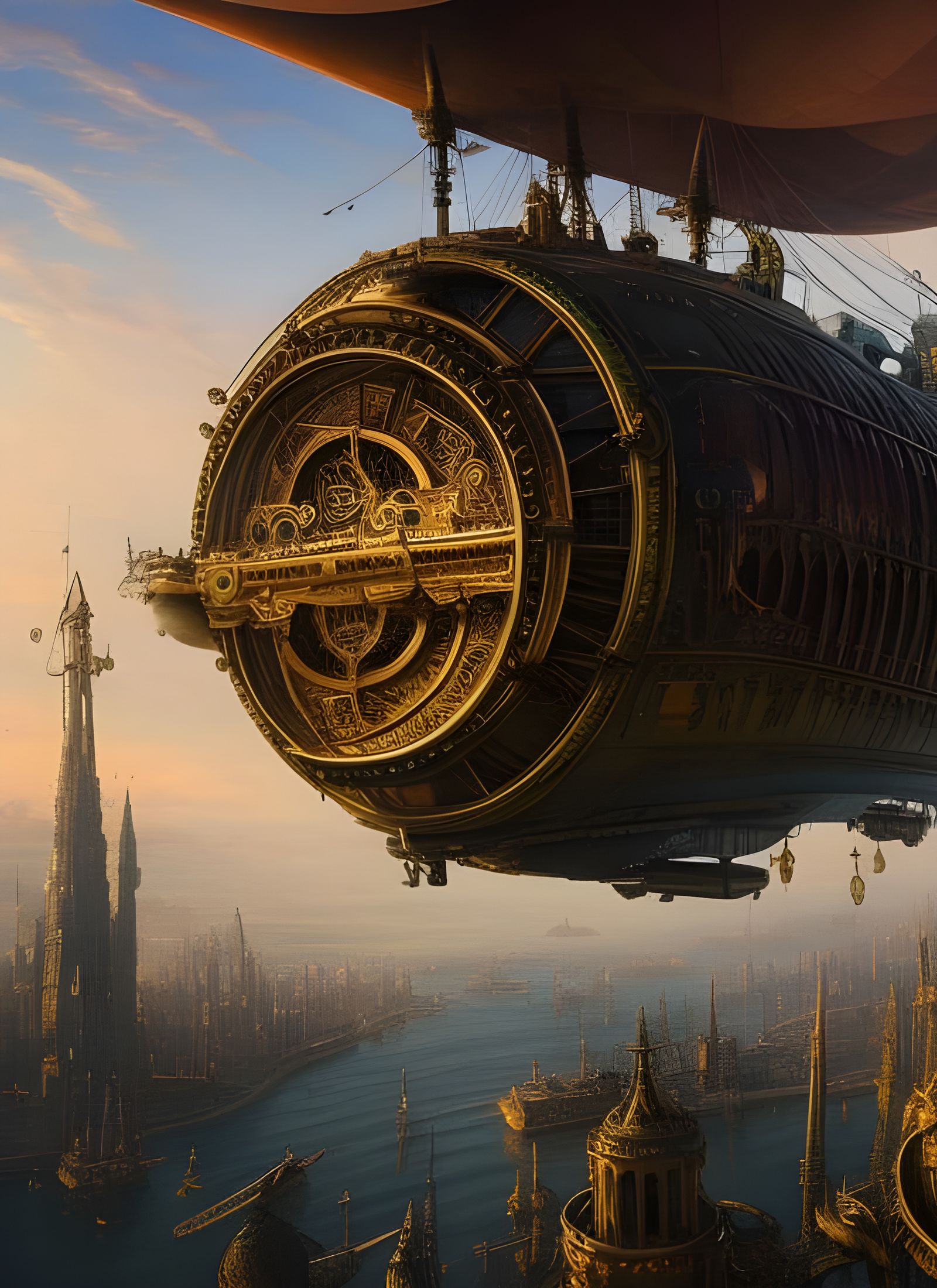 Steampunk floating airship over a city