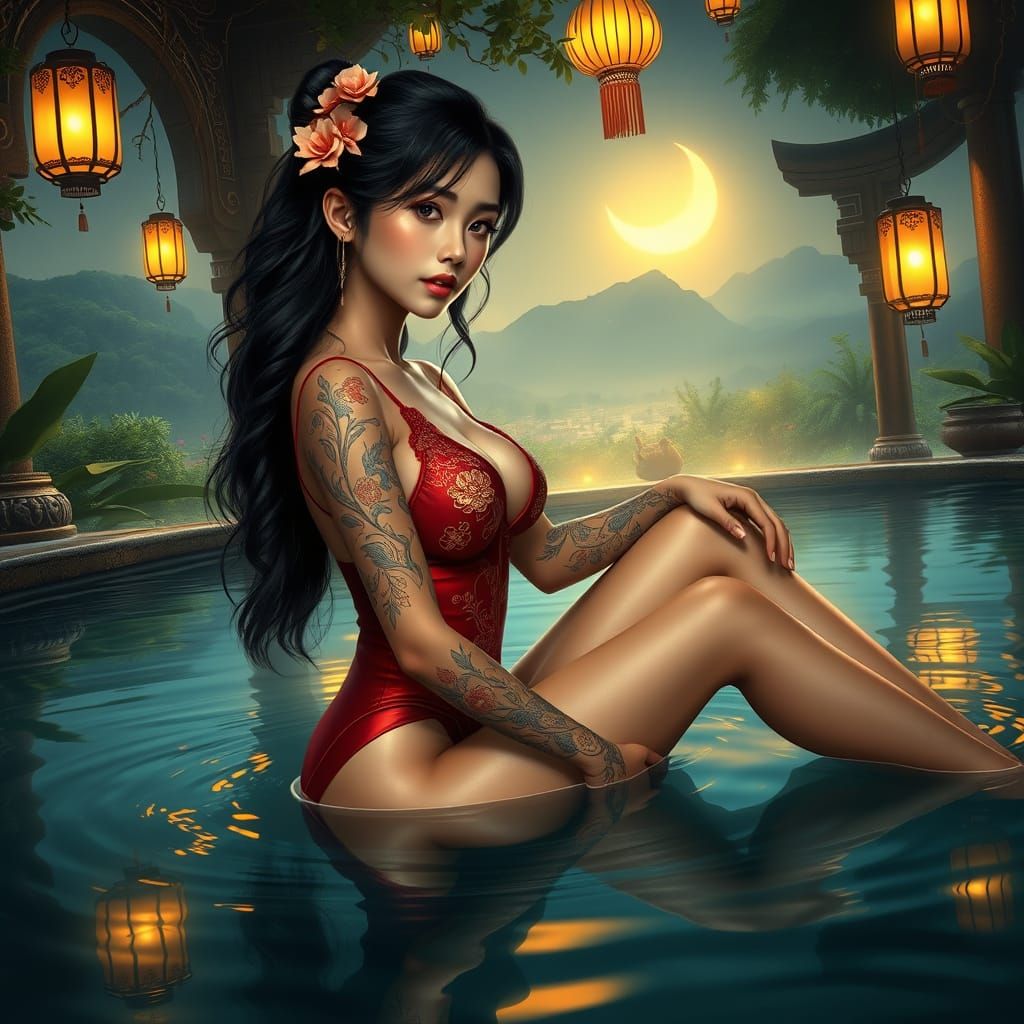 Serene Filipina Goddess in Moonlit Lagoon
