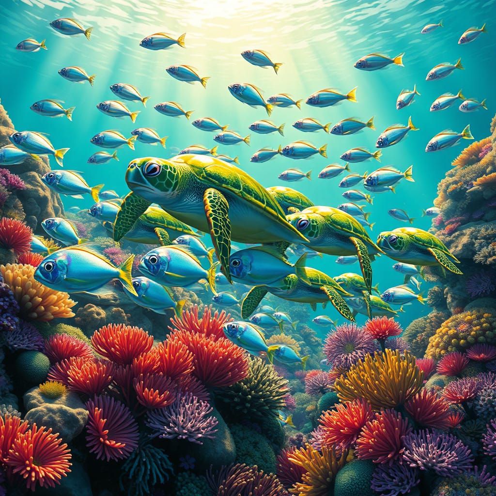 Vibrant Underwater Realm of Iridescent Fish and Green Sea Tu...