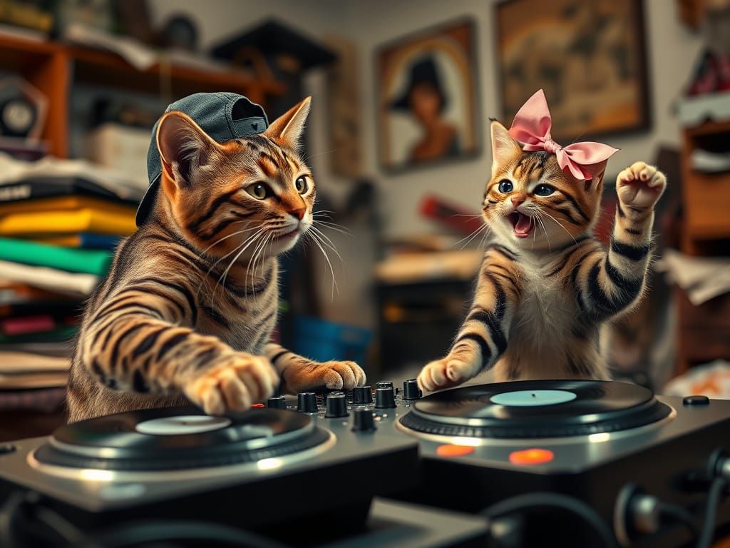 Tabby Cats DJing in a Lively Living Room