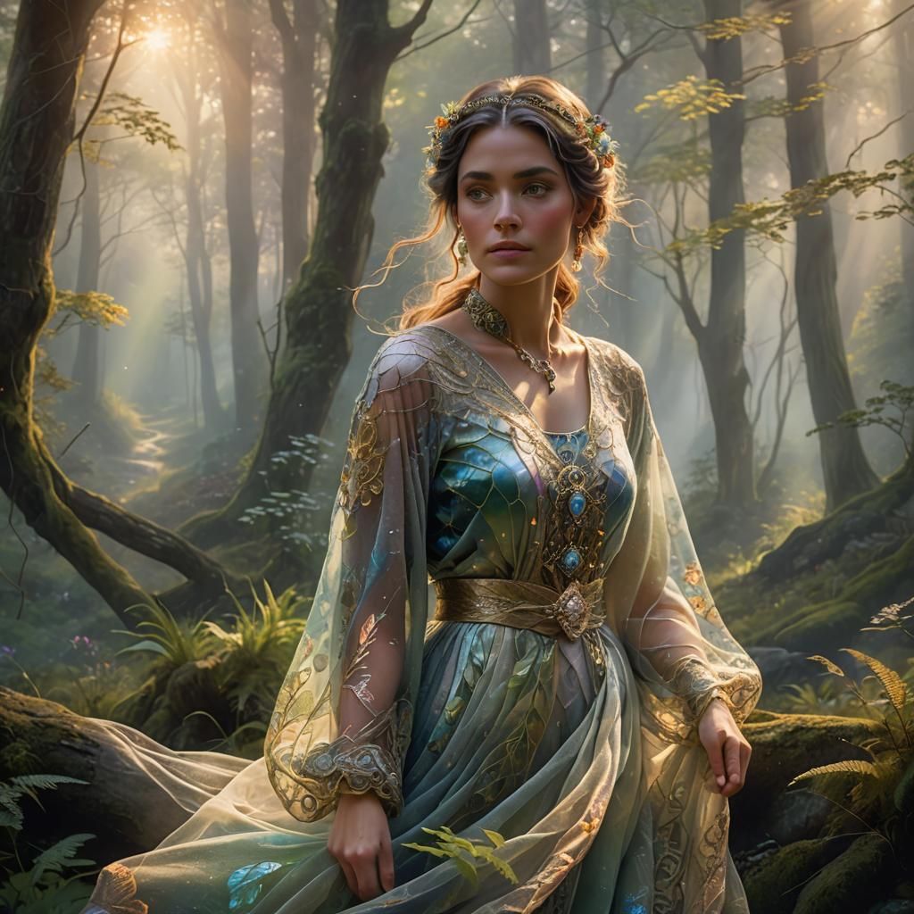 Woman in Ethereal Valley with Glowing Colors