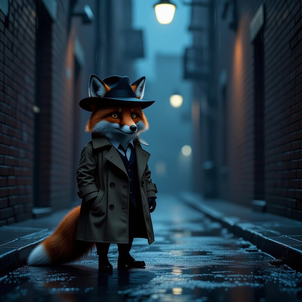 Anthropomorphic Fox Detective in Noir Alleyway
