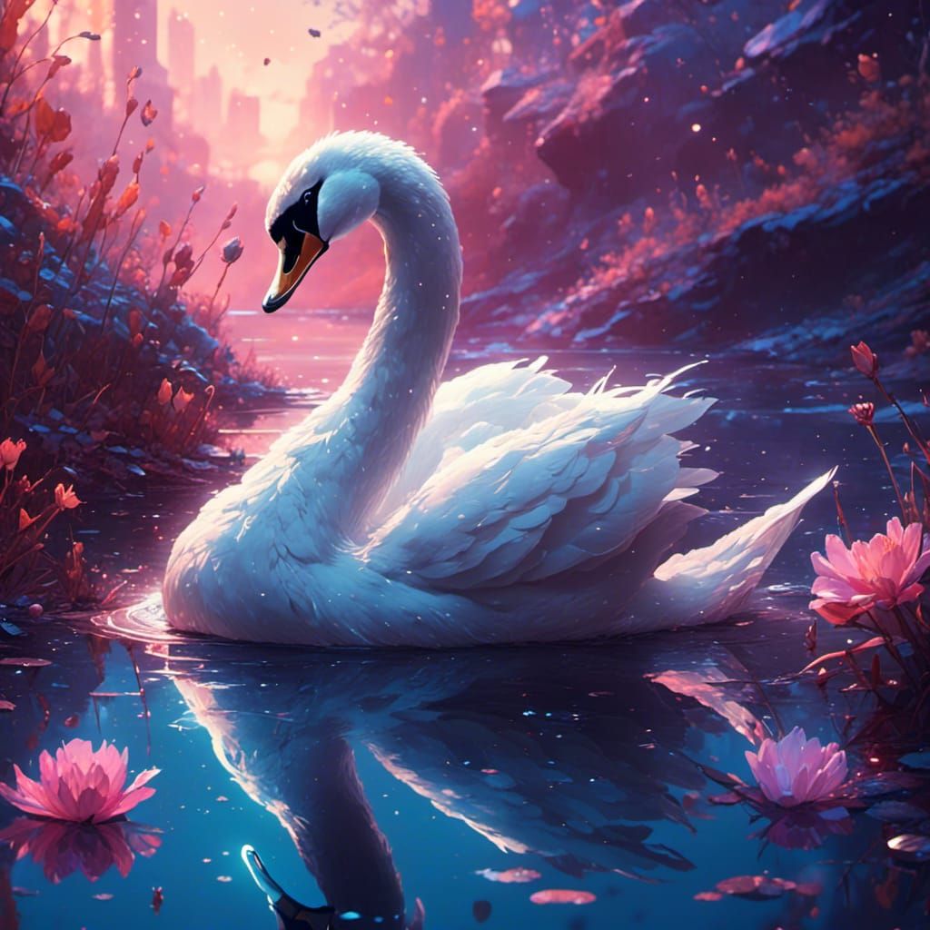 Bioluminescent Swan Close-Up in Detailed Digital Painting