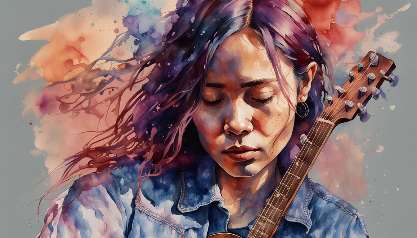 Woman Playing Guitar in Hyperrealistic Watercolour Portrait