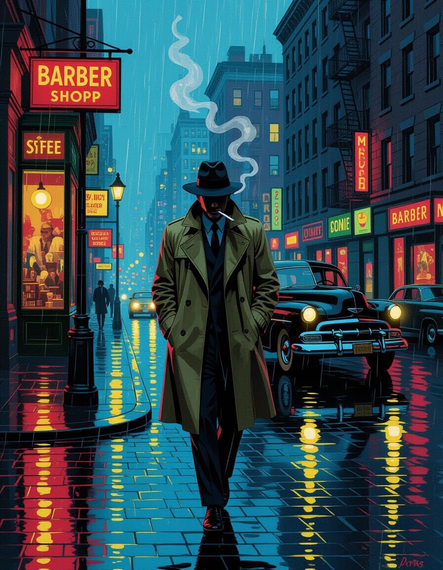 Manhattan Noir: Vintage Man with Cigarette on Rainy Day