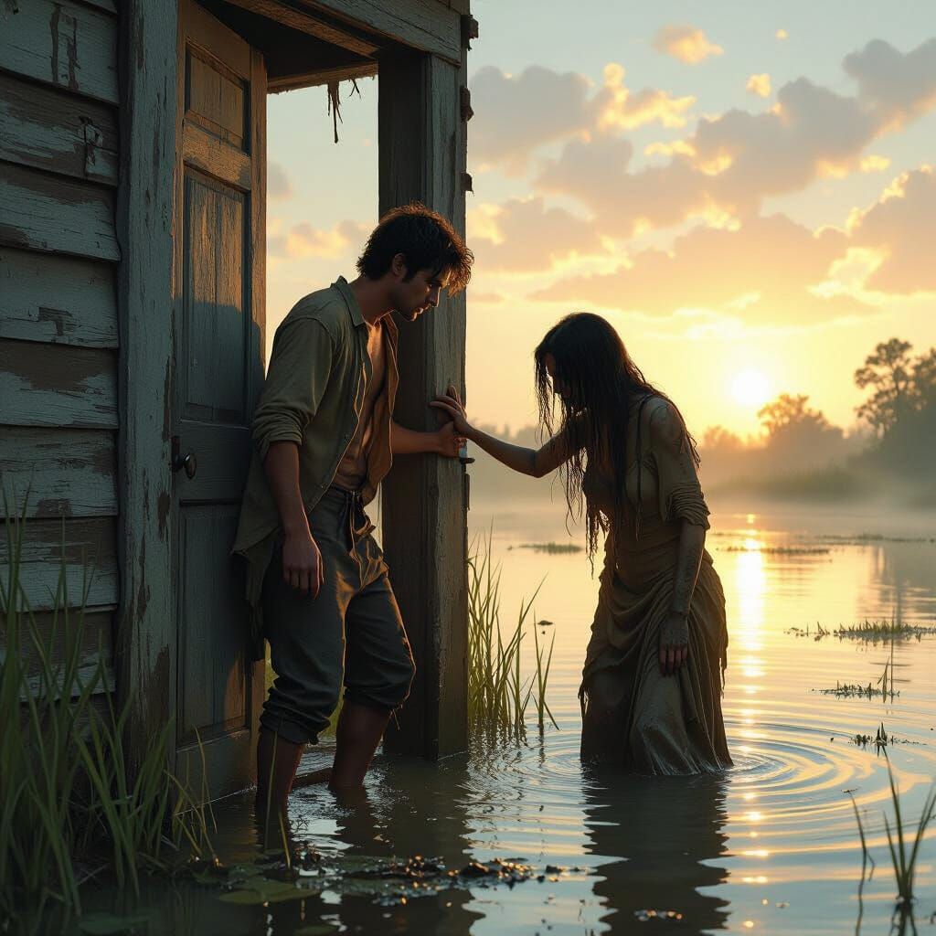 Man Pushing Woman Into Swamp Sunrise: Digital Art