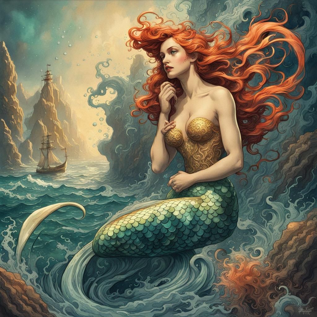 Mermaid Born from Sea Foam: Vintage Watercolor Poster