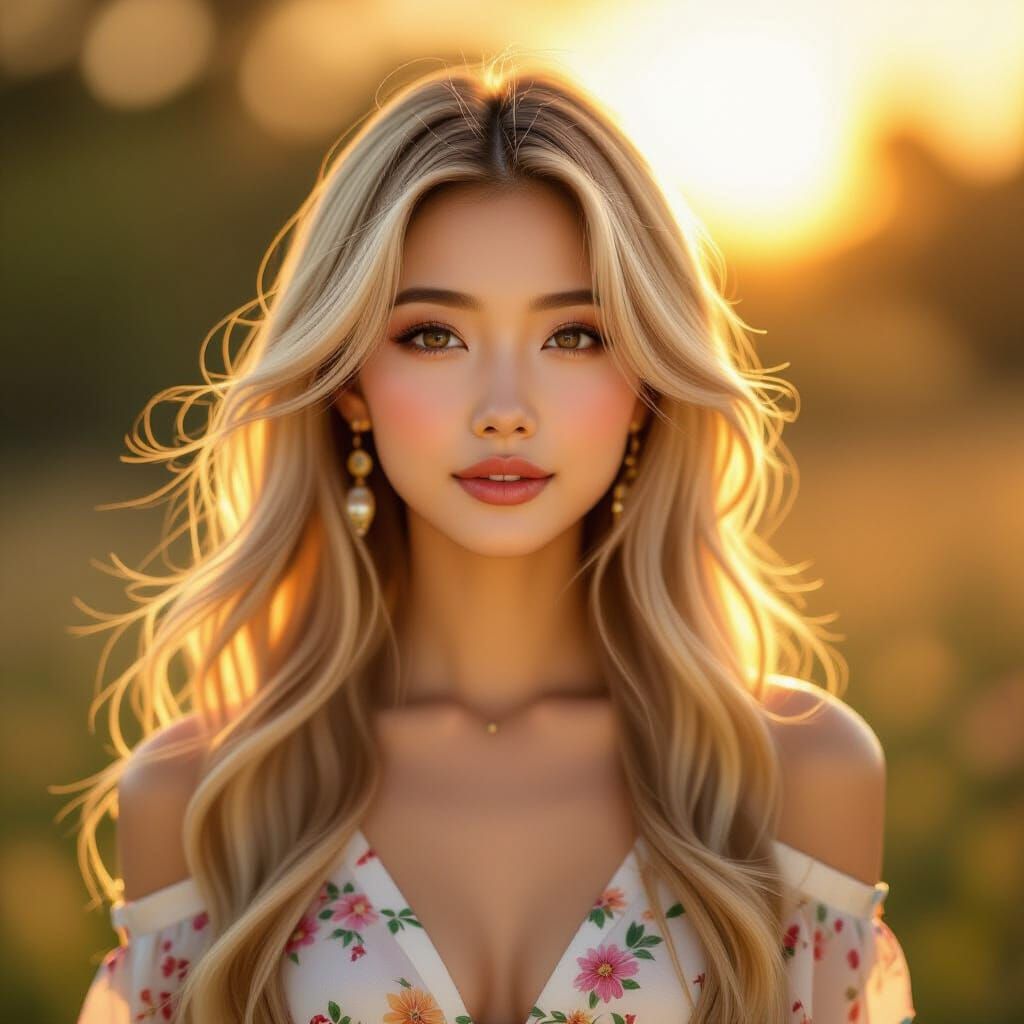 Asian Gyaru Woman in Golden Hour Glow, Oil Painting Style