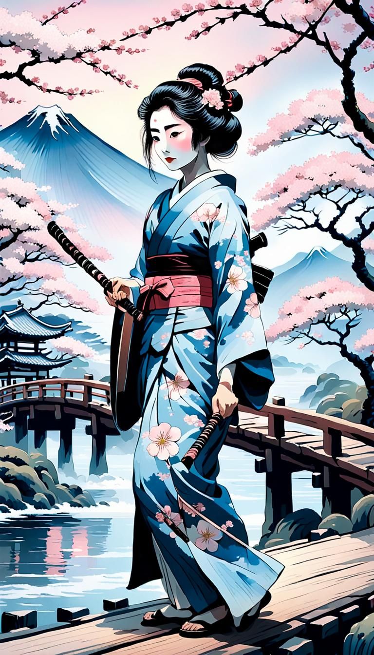 Geisha with Katana in Cherry Blossoms: Ukiyo-e Style