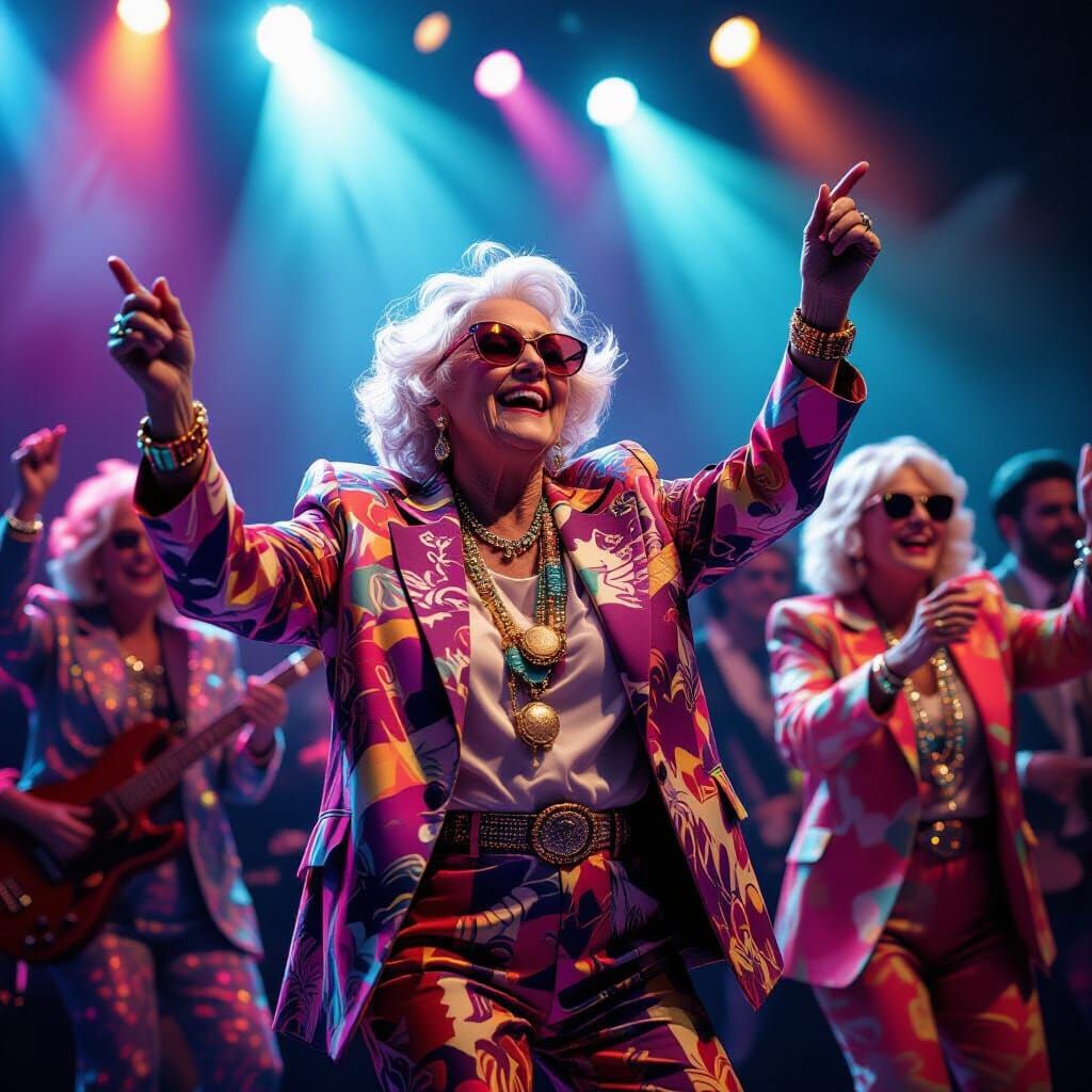 Stylish Seniors Dancing at Concert with Kaleidoscopic Lights