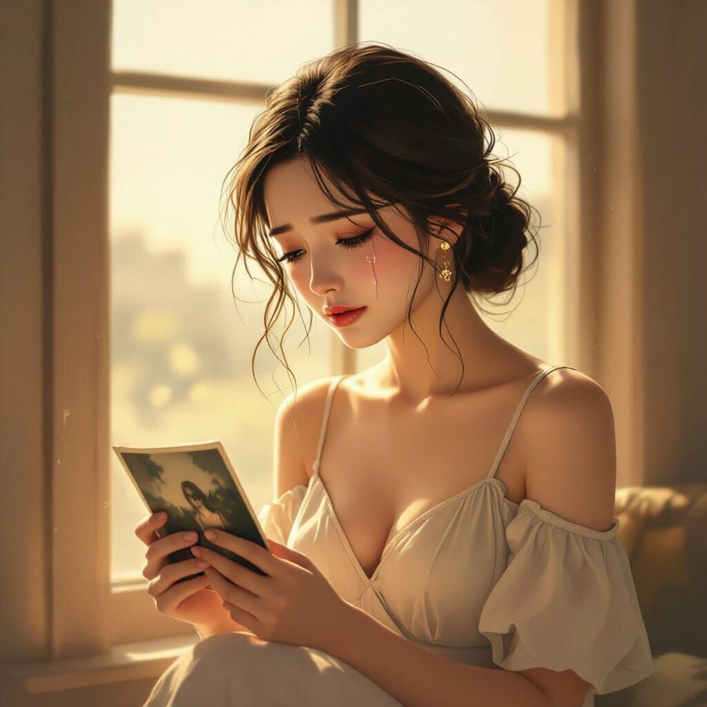 Melancholic Woman Gazing at Photograph in Anime Style