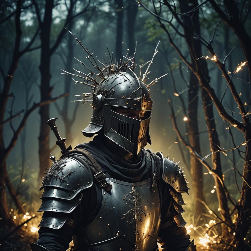 Medieval Knight with Thorns and Fireflies at Night