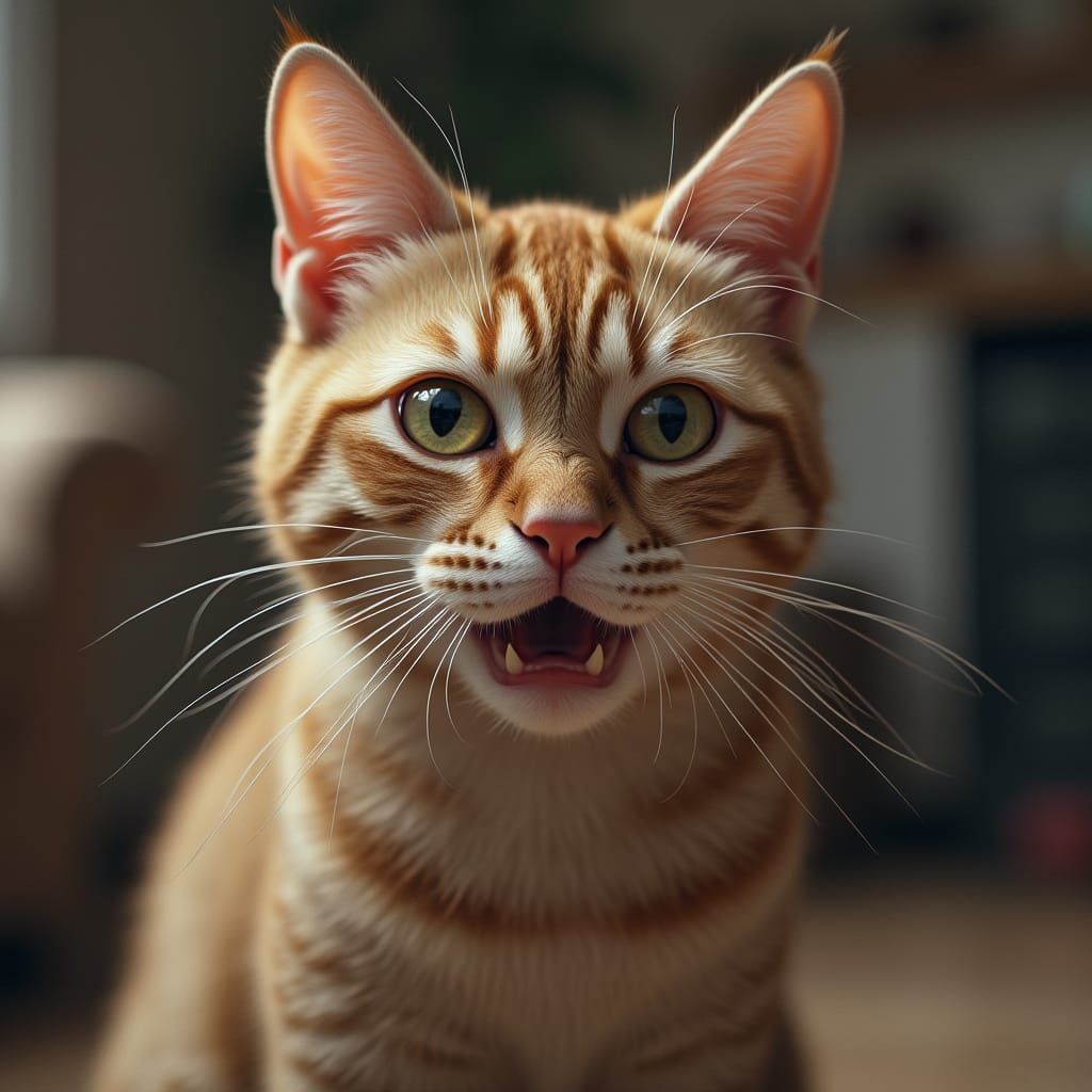 A bizarre, anthropomorphic cat with human-like facial features, wide eyes, and a humorous,