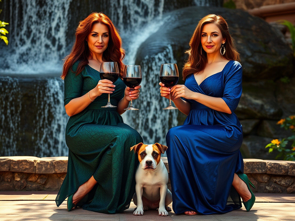Ladies with Dog Enjoying Waterfall in Photorealistic Style