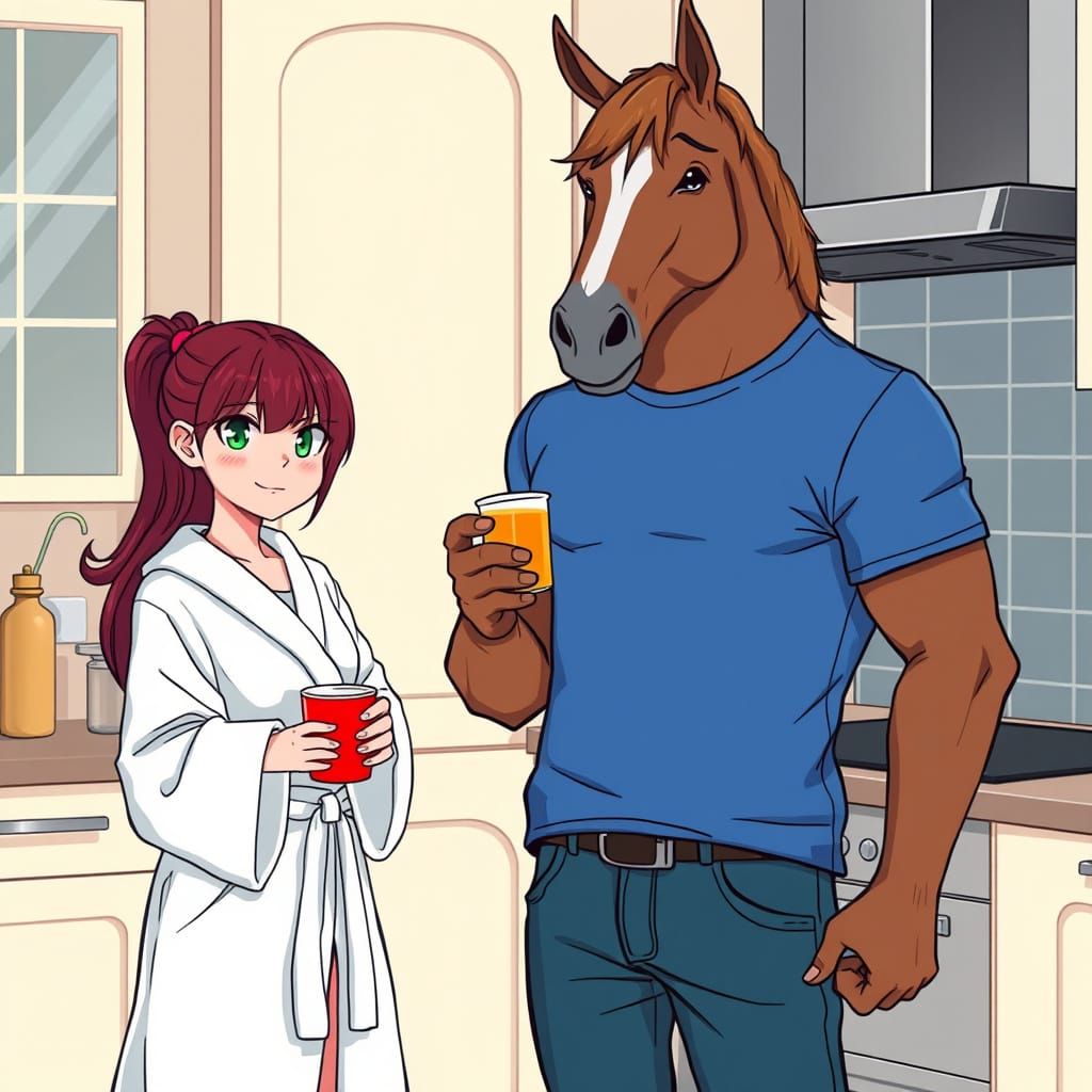 Anime-Style Hybrid Creature in a Whimsical Kitchen Scene