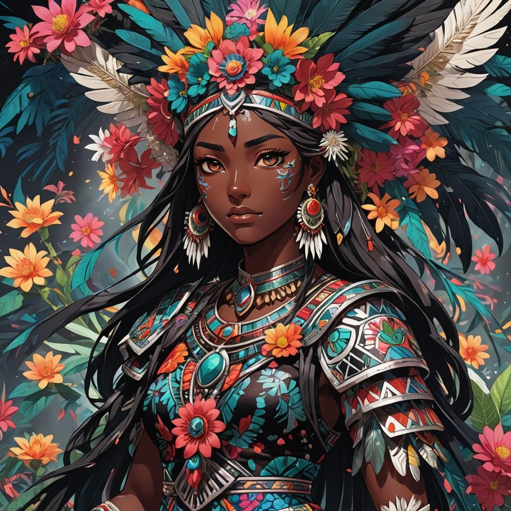 Aztec Girl with Obsidian Sword in Anime Manga Style