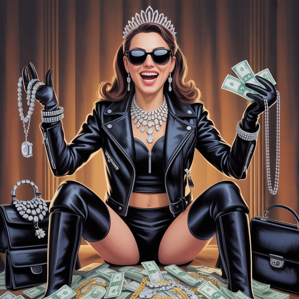 Leather-Clad Robber Queen on Throne with Stolen Loot