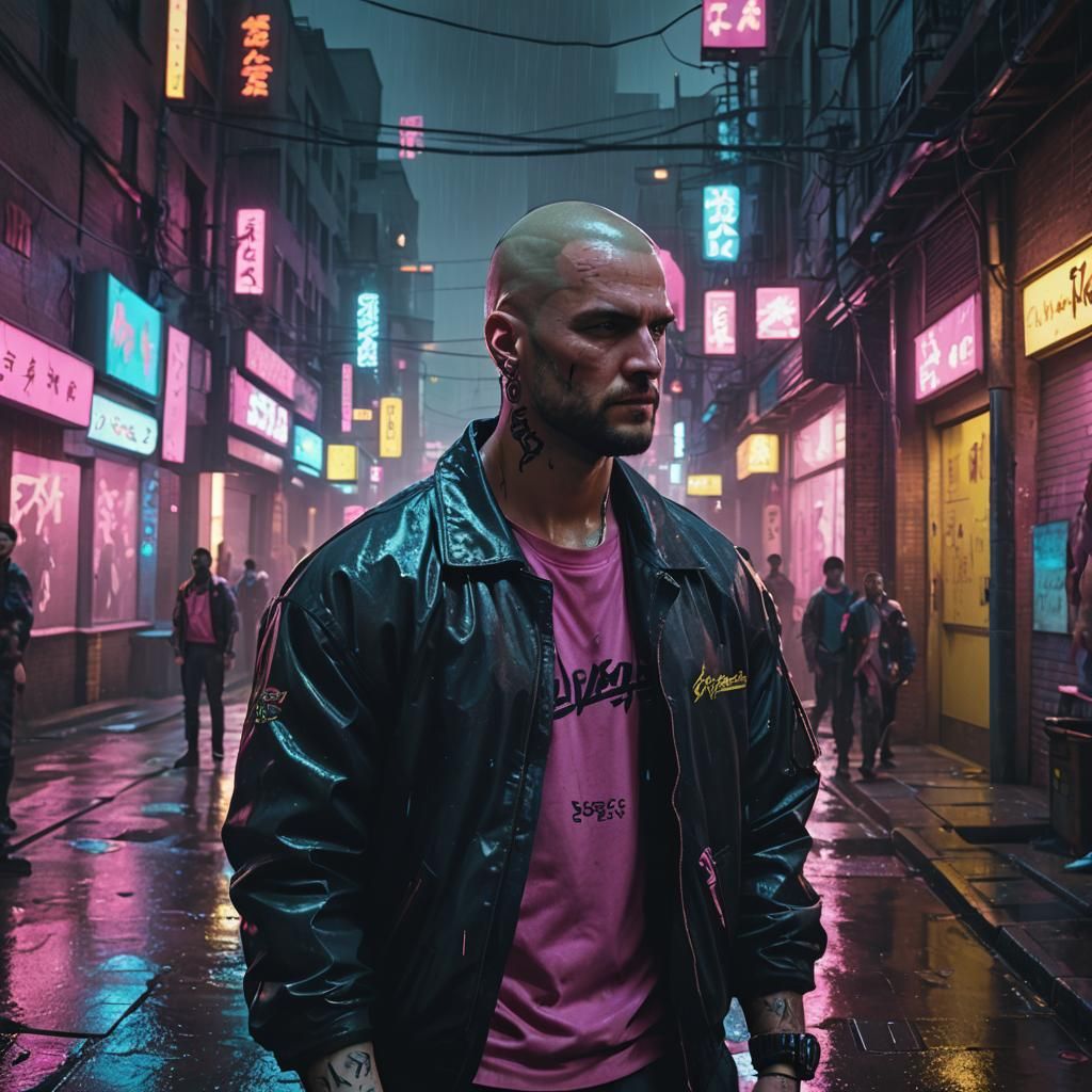Cyberpunk Counselor in Rainy City Alleyway