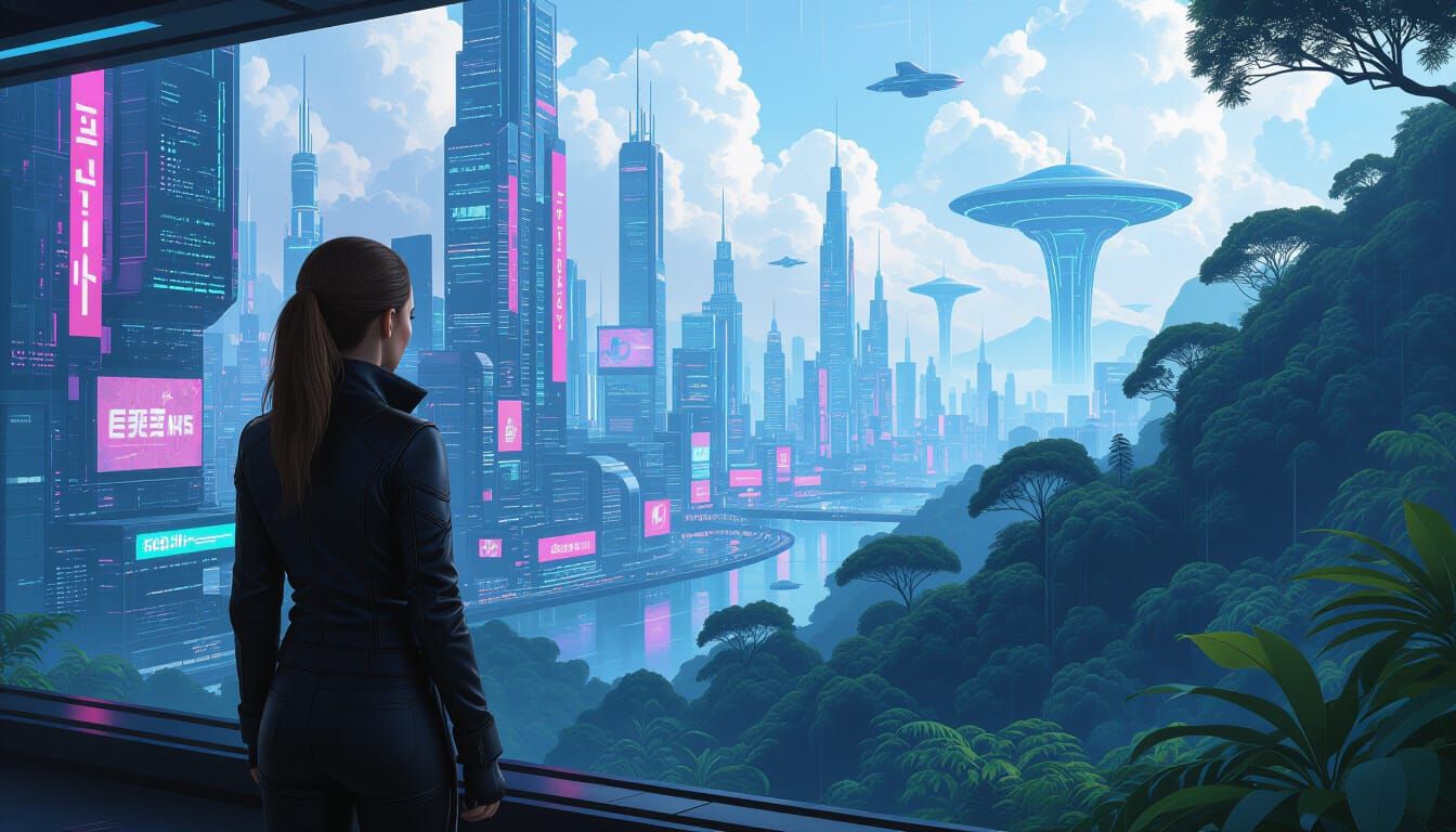 A transition between a bustling futuristic city and a lush e...