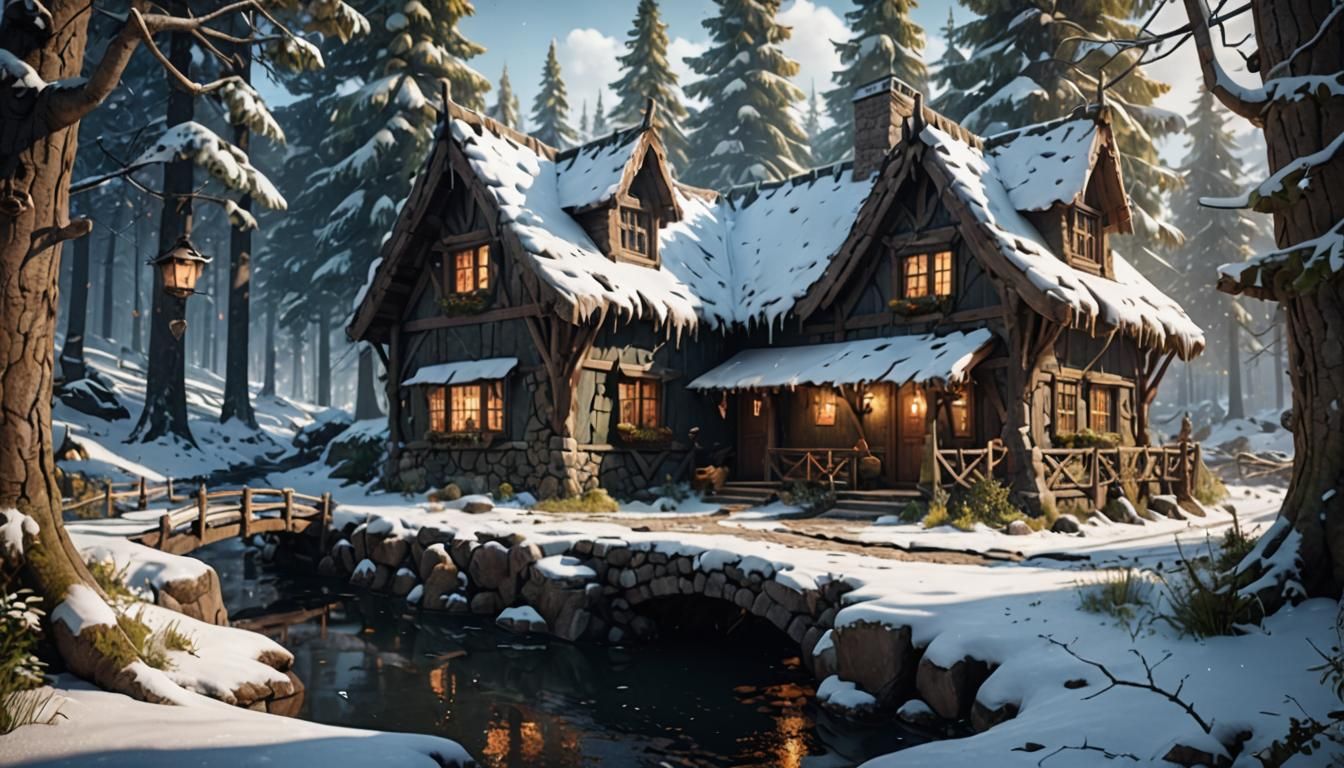 Rustic Cottage in Snowy Forest: Fantasy Concept Art