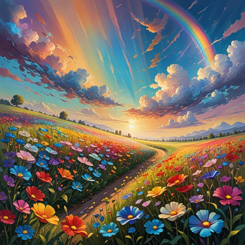 Surreal Flower Fields Under Rainbow Sky