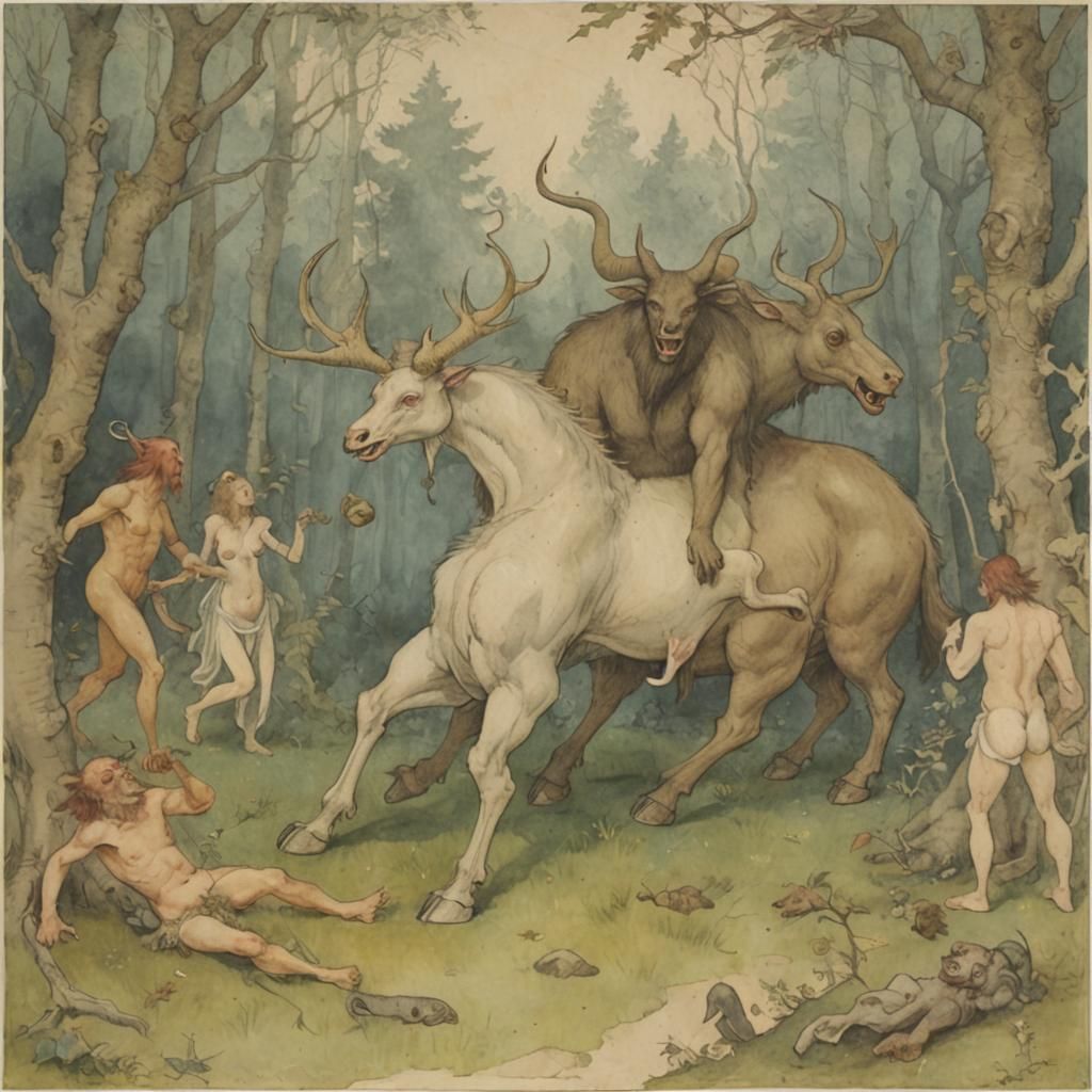 Grotesque Beast-Man in Forest, Medieval Surrealism