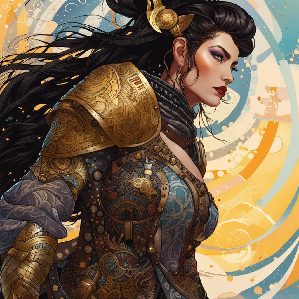 Viking Punk Woman in Celestial Armor, Klimt Background