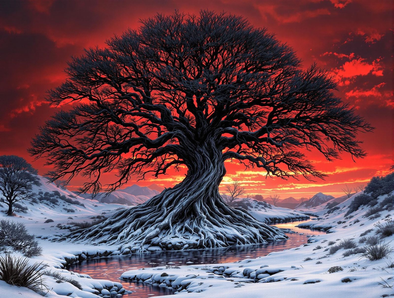 Mystical Black Leaf Tree in Winter Landscape