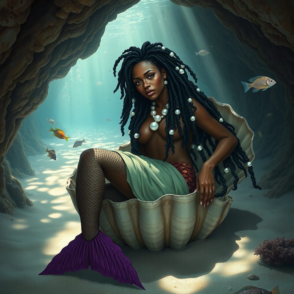 Black Mermaid Lounging in Underwater Grotto
