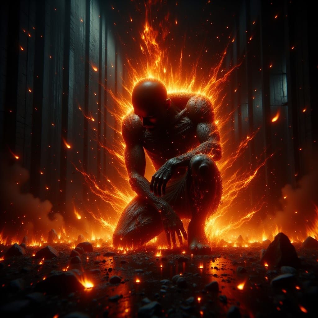 Male Fire God Disintegrating into Flames