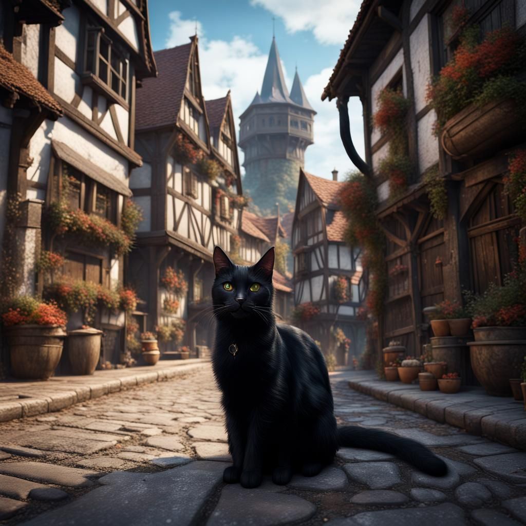 Black Cat Strolling Through Medieval City Street