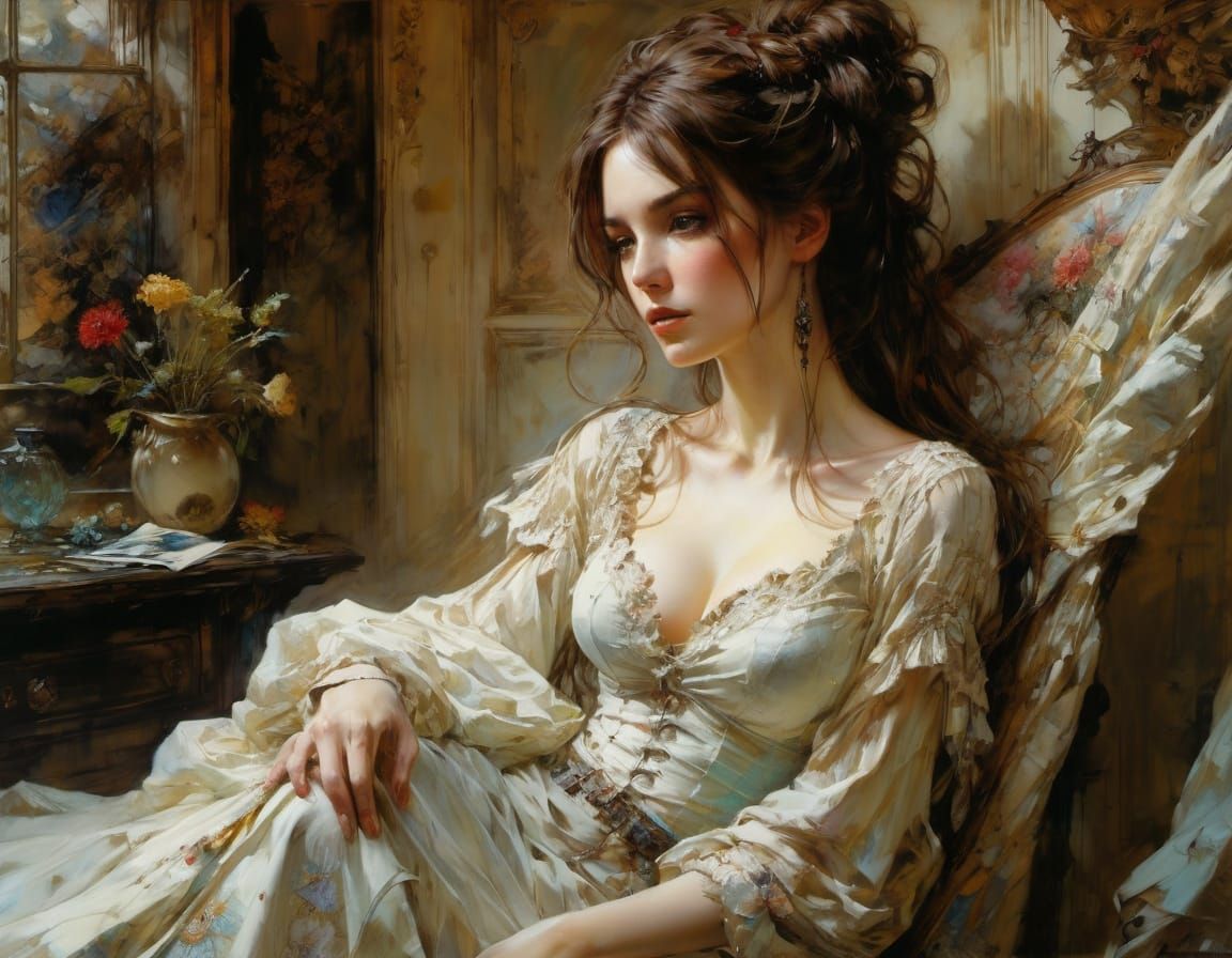 Victorian Woman in Stunning Pose, Oil Painting Style