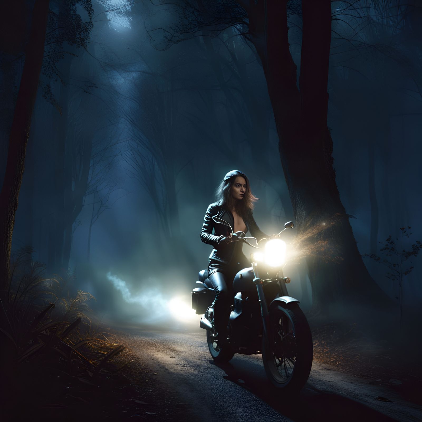 Motorcycle Rider in Dark Forest, Fantasy Art