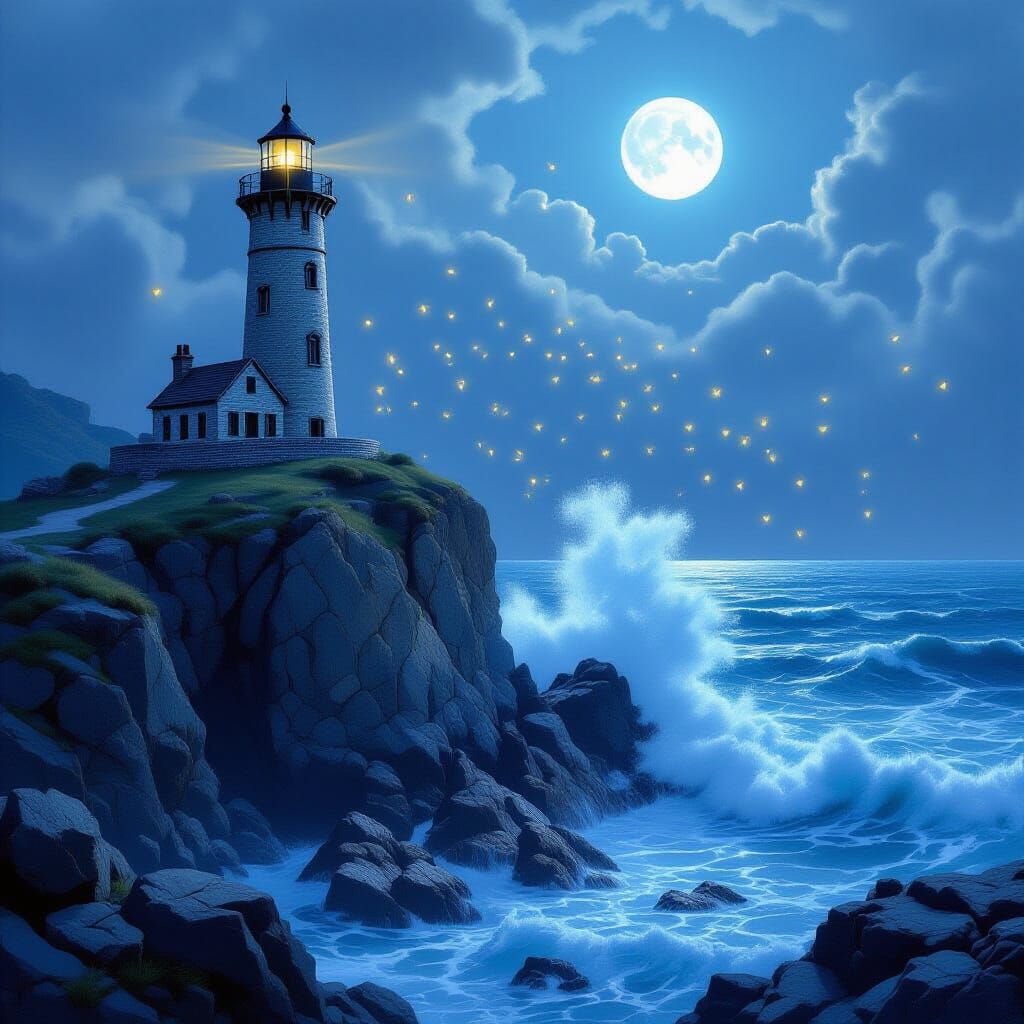 Lighthouse Scene with Moths in Dreamy Landscape Style