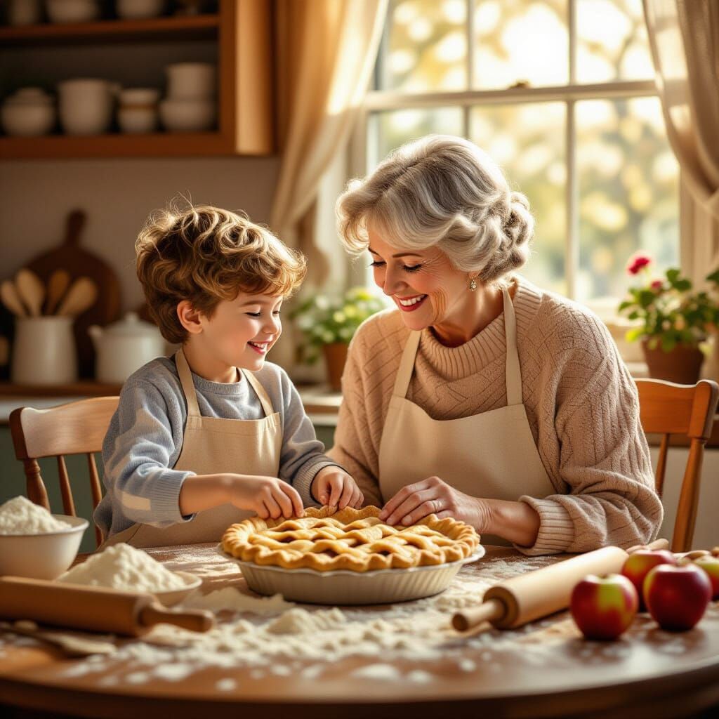Grandson and Grandmother Bake Apple Pie Together