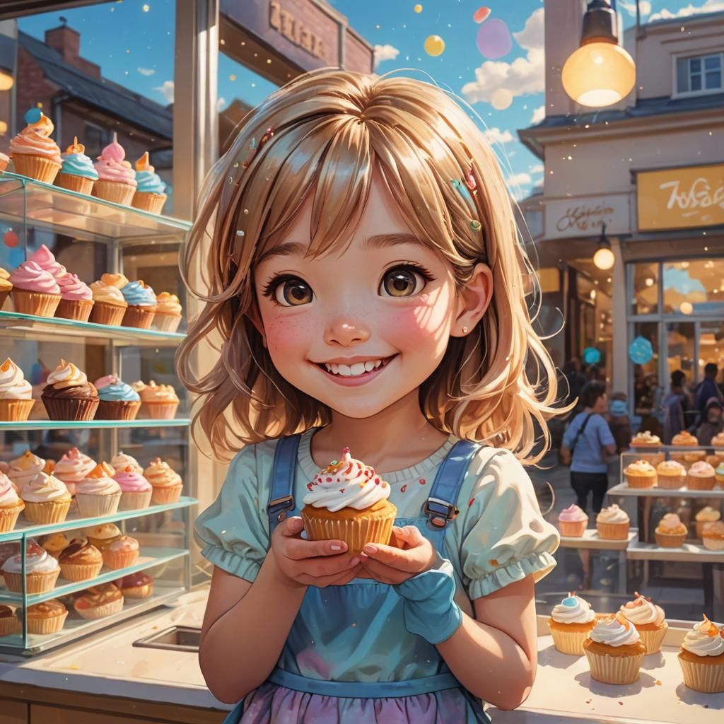 Chibi Girl with Cupcake: Vivid Digital Art