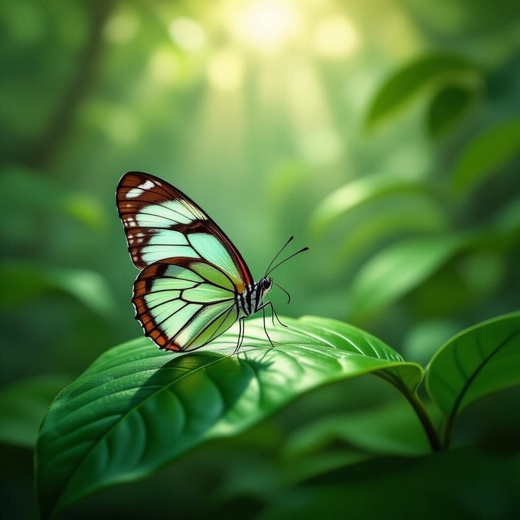 Ghostly Glasswing Butterfly on Jungle Leaf