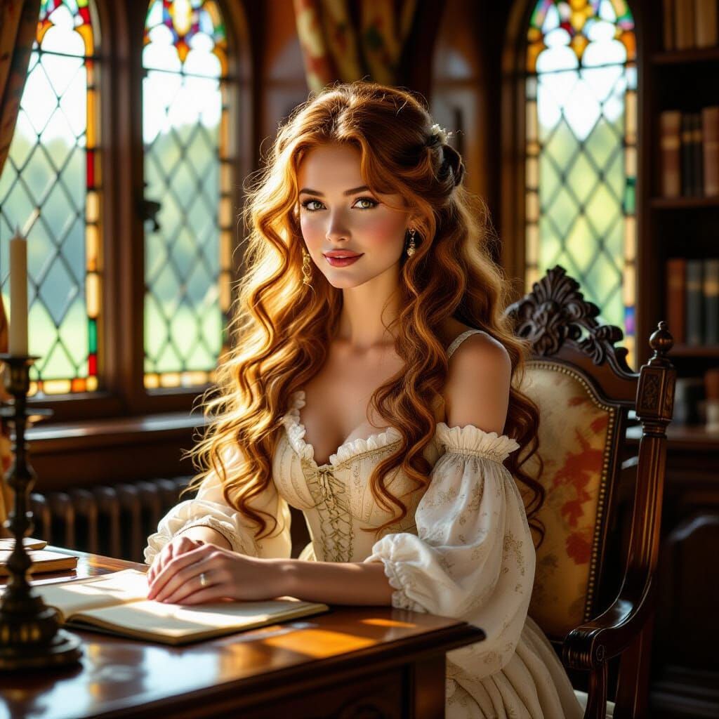Woman in Sunlit Castle Parlor, Pre-Raphaelite Style