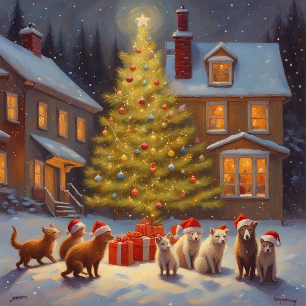 Festive Christmas Animals Celebrate Under Tree: Gurney Style