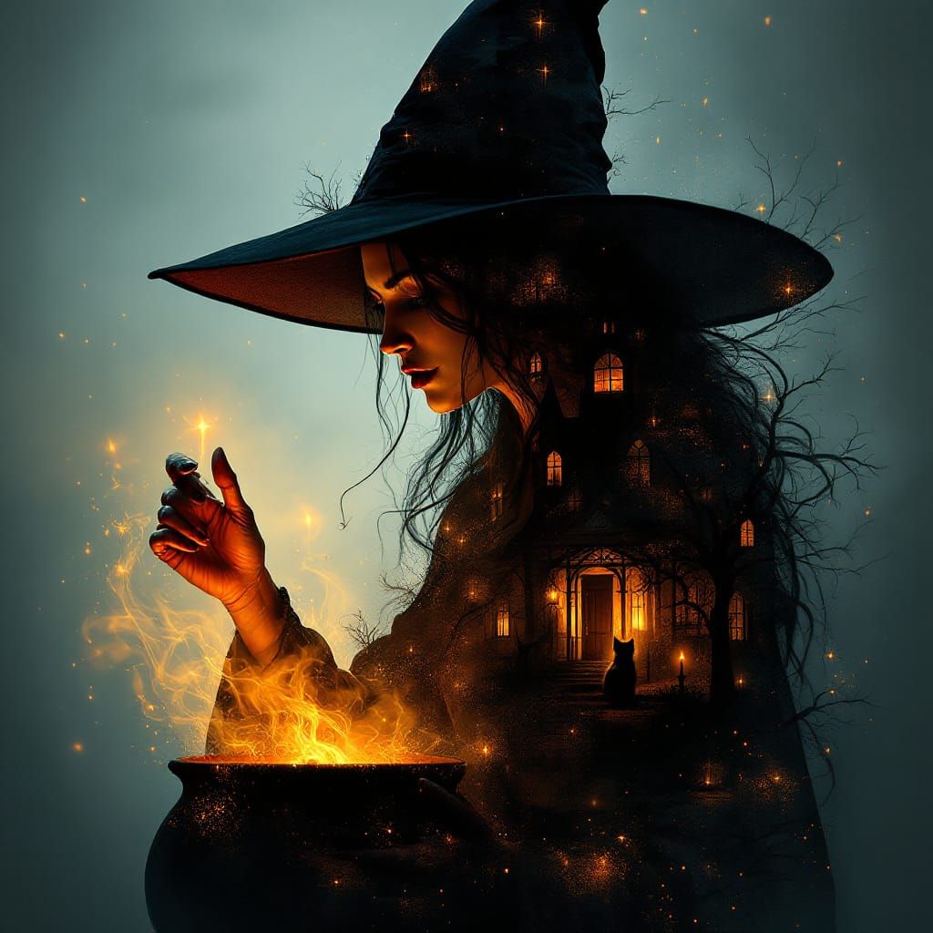 Witch Casting Spell Double Exposure with Haunted House