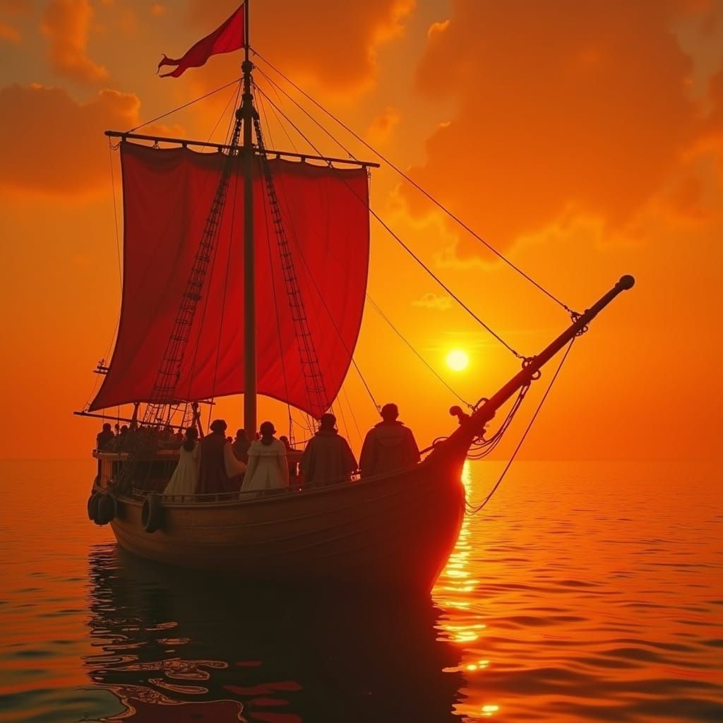Medieval Ship at Sunset with Eccentric Travelers