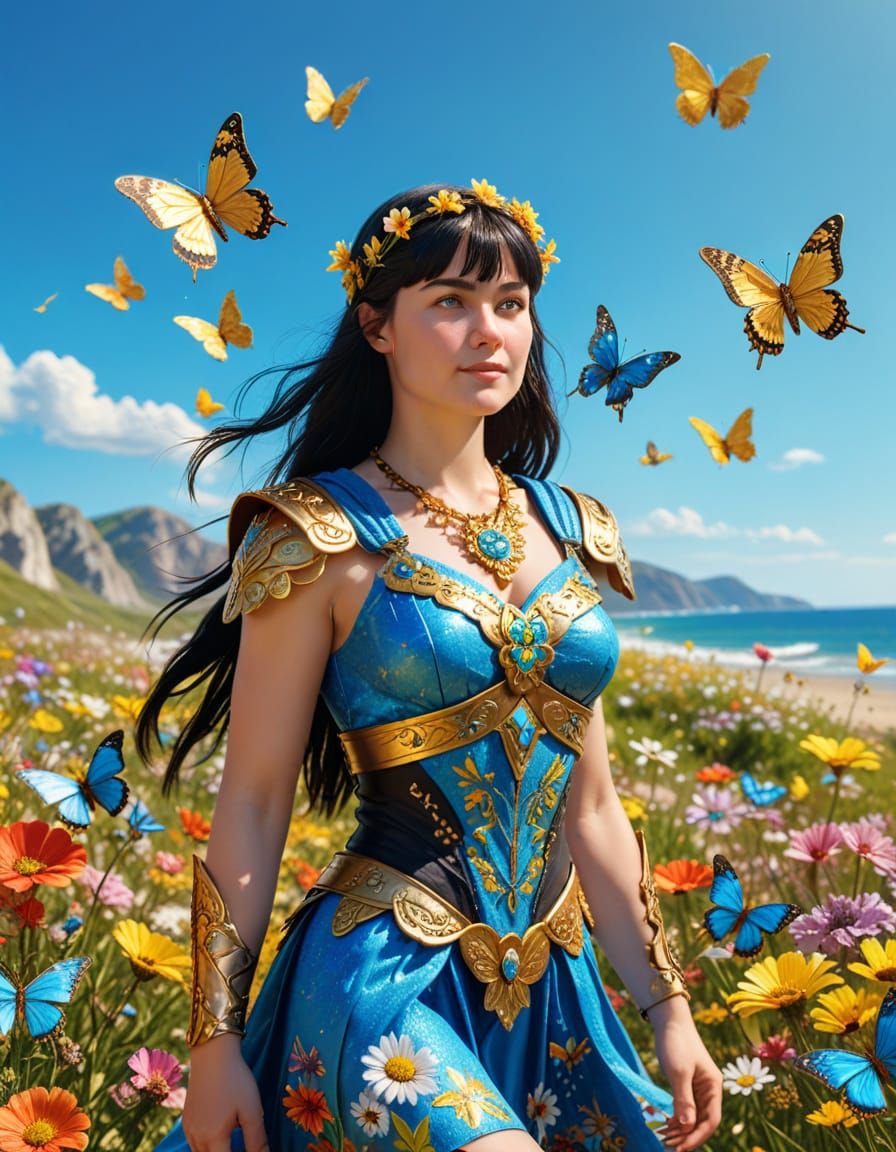 Xena Warrior Princess on Beach Holiday in Flower Meadow