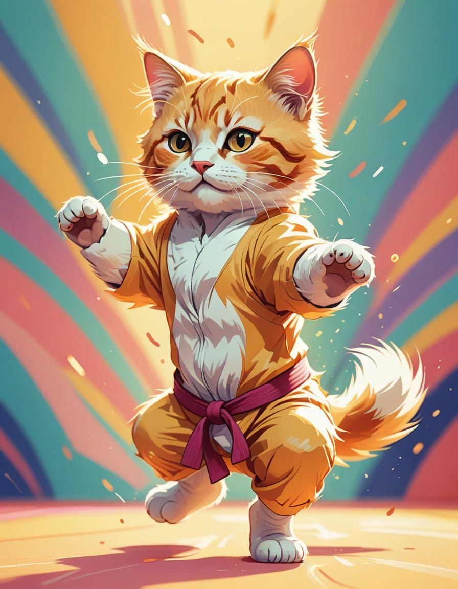 Cartoon Karate Kitty with Golden Lighting