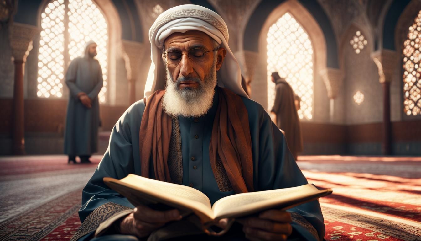 Old Man Reading Quran in Mosque, Detailed Digital Art