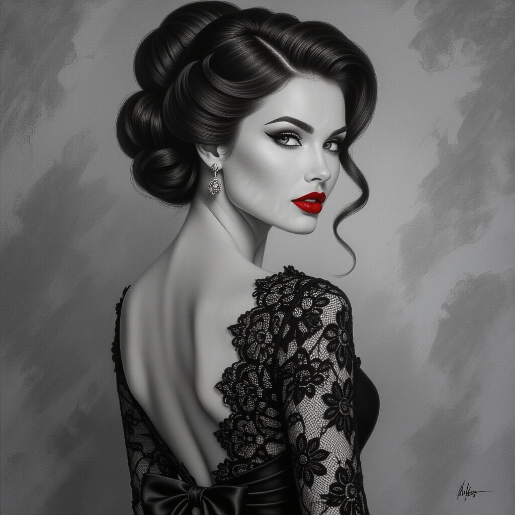 Monochrome charcoal pencil drawing a woman with a sophistica...