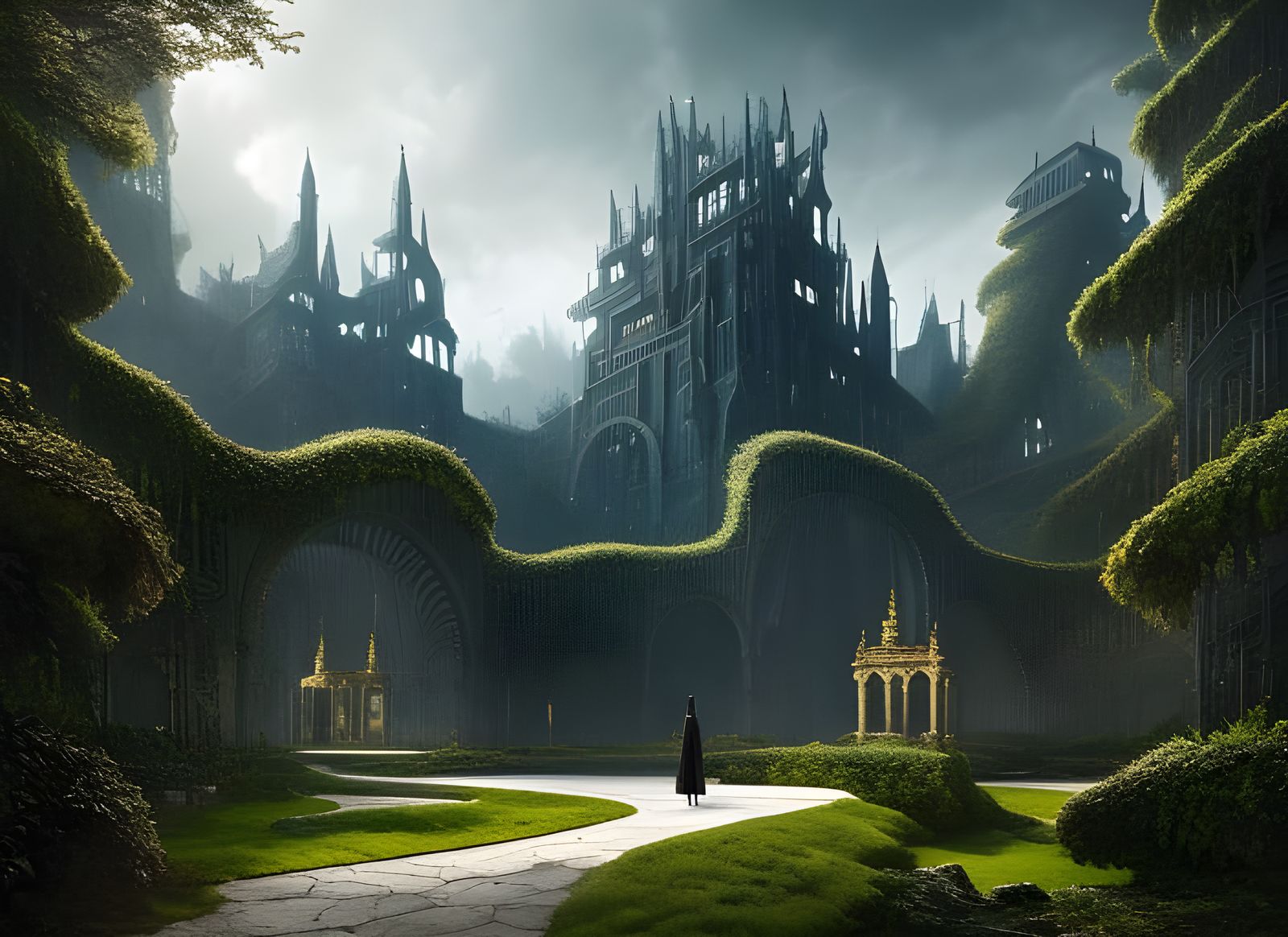 Cloaked Figure in Geometric Cloud Maze