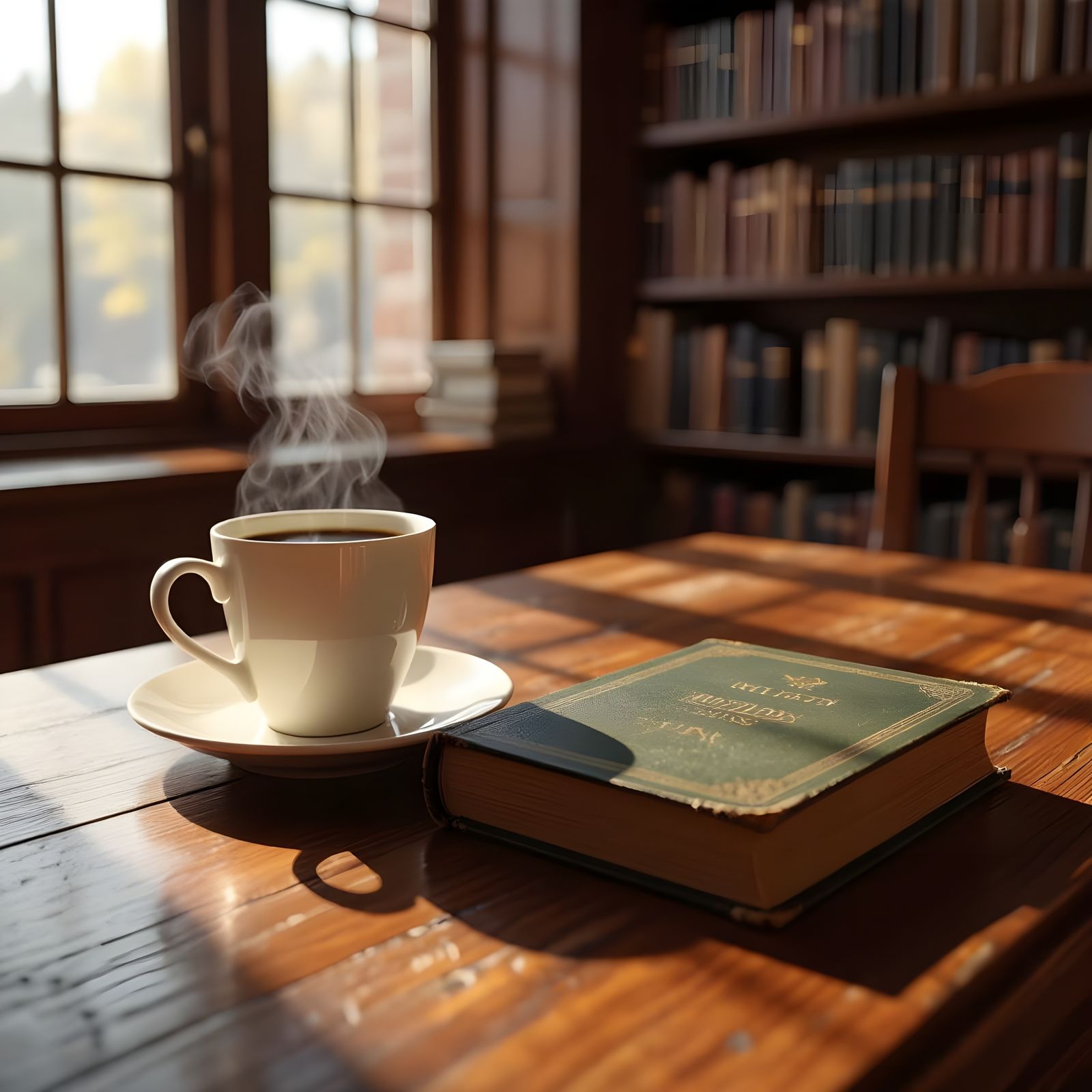 Cozy Library Scene: Hyperrealistic Oil Painting